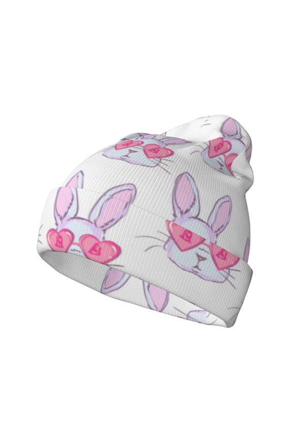 Heart Rabbit Pattern Knitted Beanie Hat for Men and Women , Unisex Winter Warm Stretchy Knit Cap Thick Fisherman Beanies Cuffed Plain Skull Caps