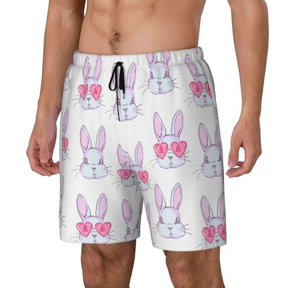Picia Heart Rabbit pattern Mens Swim Trunks with Compression Liner Stretch Beach Shorts Quick Dry with Zipper Pockets No-Chafing Board Shorts-