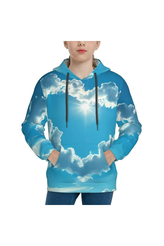 Heart Shaped Cloud Pattern Youth Hoodie - Warm Pullover Sweatshirt with Kangaroo Pocket, Ideal for Boys and Girls-X-Large
