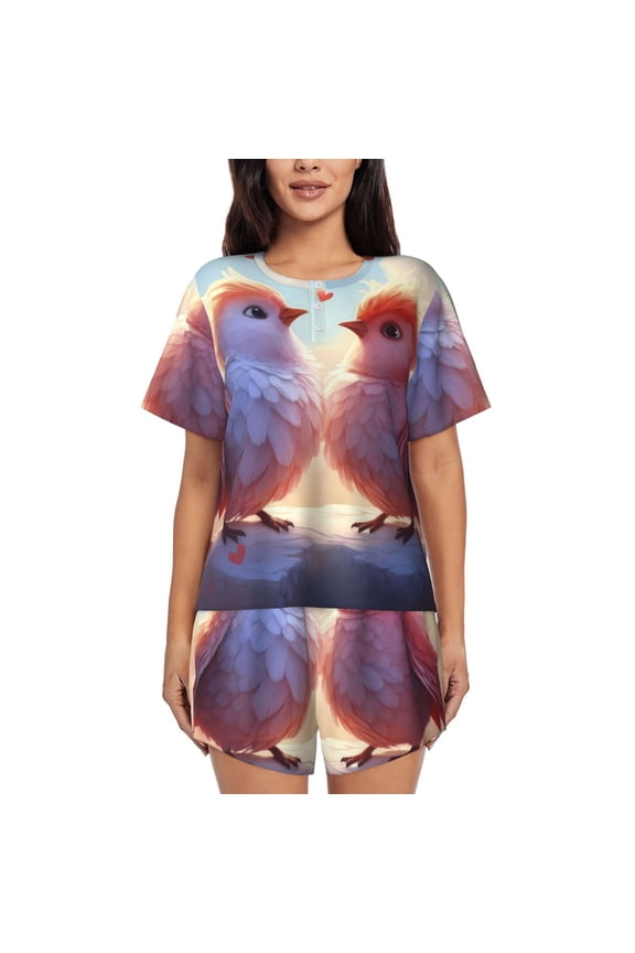 Heart Sky Bird Couple Pajamas Sets for Women Soft Short-Sleeved Pjs with Lounge Shorts Two Piece Sleepwear-Small