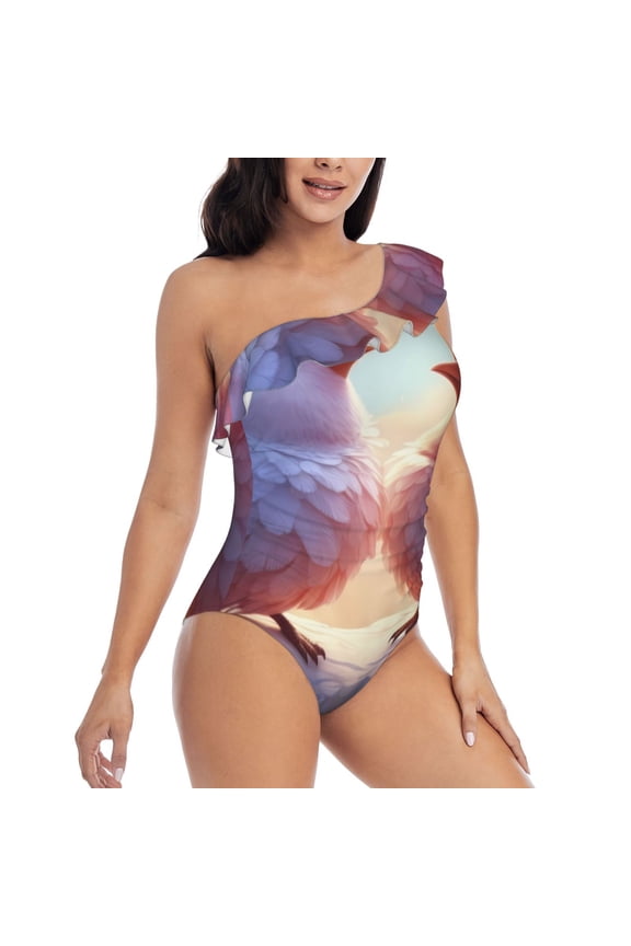 Heart Sky Bird Couple Pattern Women's One Piece Swimsuits,One Shoulder Swimwear Asymmetric ,Ruffle Monokinis Bathing Suits,High Waisted Flattering Bathing Suits-Small