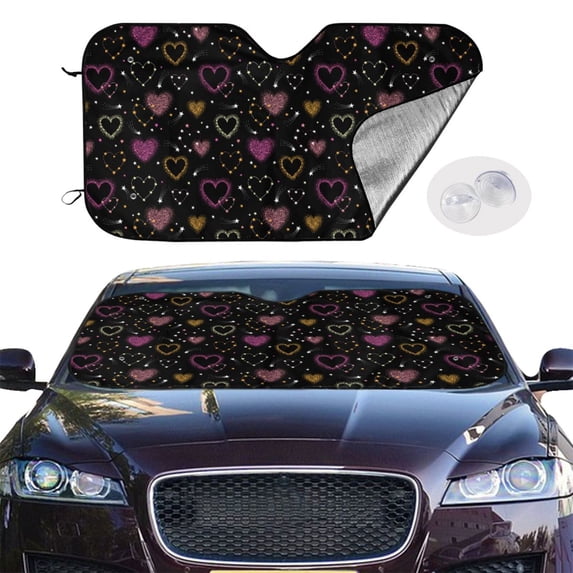 Picia Heart and Stars Curved Windshield Sunshade Accordion Folding Style Auto Shade for Car Truck SUV Van Blocks UV Ray Sun Visor Protector -