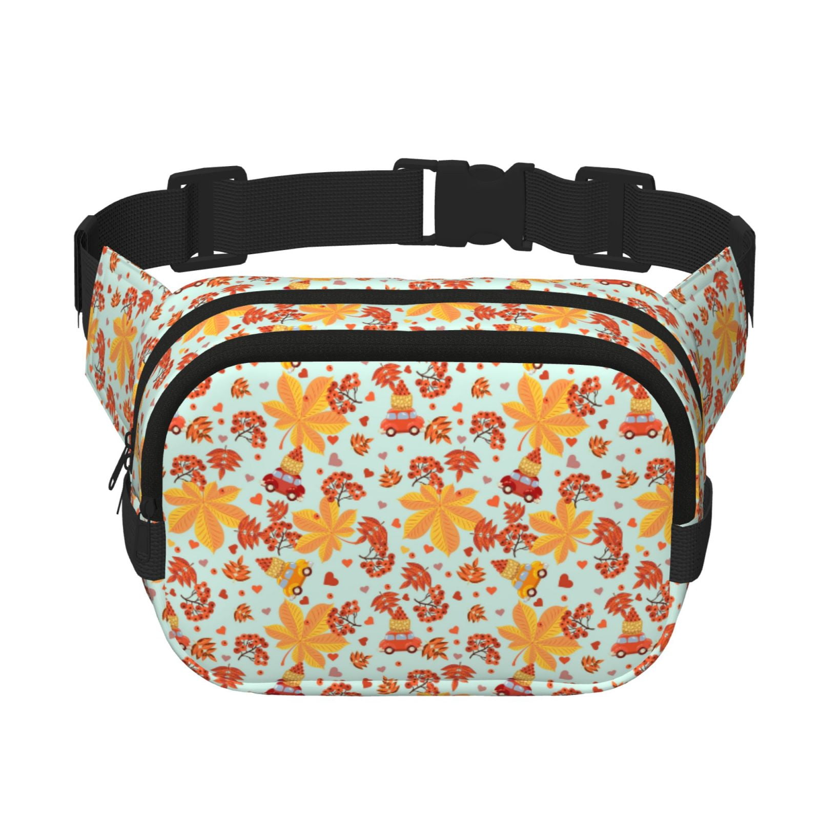 Picia Hearts And Autumn Leaves Print Square Double-Layer Waist Bag Mini Adjustable Waist Belt Bag Exercise Running Travel Hiking
