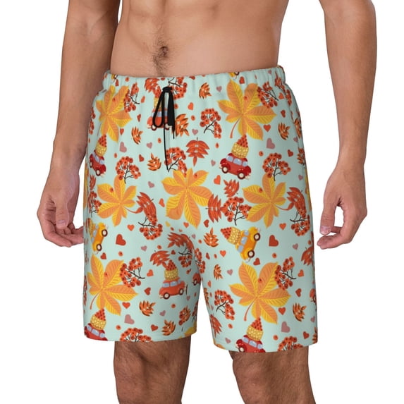 Picia Hearts And Autumn Leaves pattern Mens Swim Trunks with Compression Liner Stretch Beach Shorts Quick Dry with Zipper Pockets No-Chafing Board Shorts-Medium