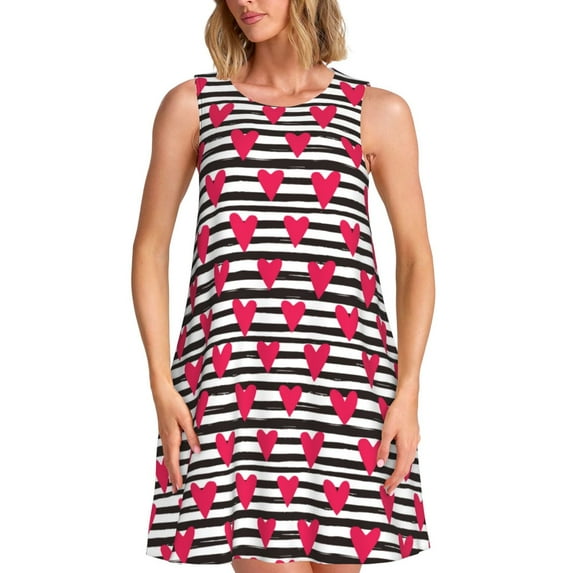 Picia Hearts And Lines Print Women’s Sleeveless Midi Swing Dress – A-Line Pleated Tank Sundress, Comfortable and Flowy T-Shirt Dress