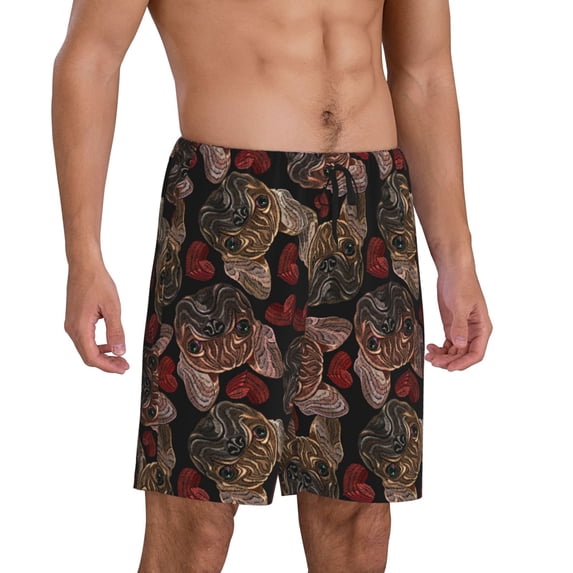 Picia Hearts and French Bulldog Pajama Shorts for Men, Men's Pajama Bottoms, Sleepwear,Short Pajama Pants-Small