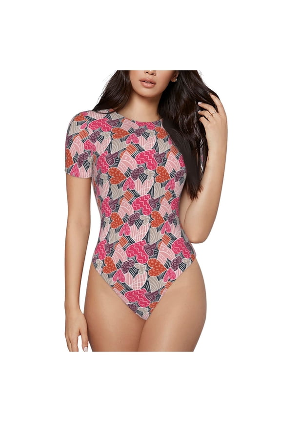 Hearts for Valentines day Print Womens One Piece Swimsuits Modest Tummy Control Bathing Suits Lace Up Slimming Swim Suit-Small