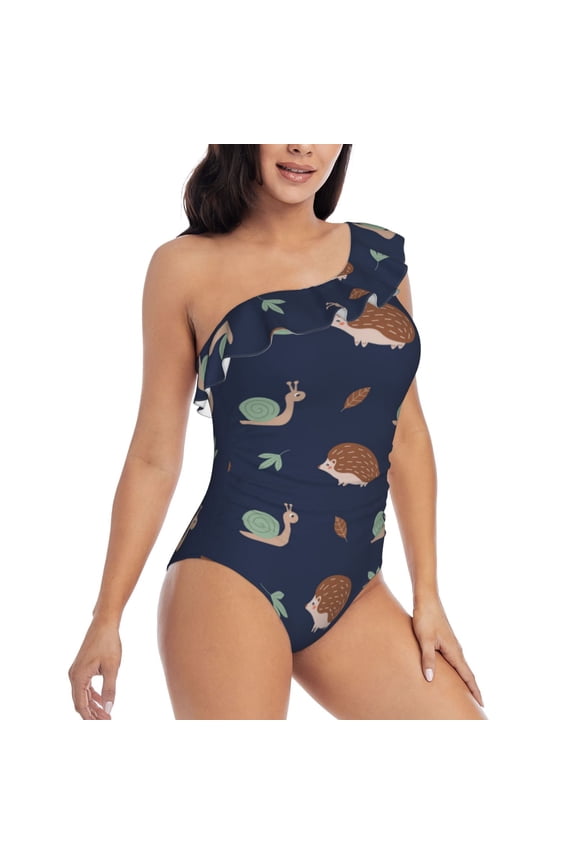 Hedgehog And Snail Pattern Women's One Piece Swimsuits,One Shoulder Swimwear Asymmetric ,Ruffle Monokinis Bathing Suits,High Waisted Flattering Bathing Suits-Medium