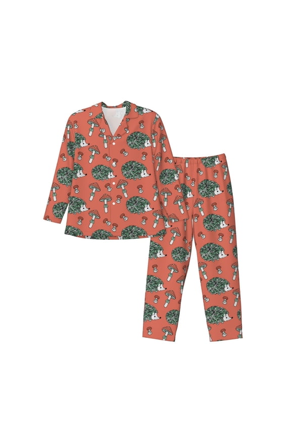 Hedgehog Mushroom Pattern Men’s Long-Sleeve Sleepwear Set - Soft 2-Piece Loungewear with Pockets, Comfy PJs for Relaxing Nights-XX-Large