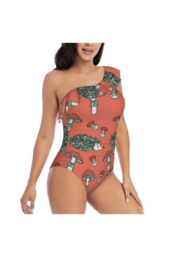 Hedgehog Mushroom Pattern Women's One Piece Swimsuits,One Shoulder Swimwear Asymmetric ,Ruffle Monokinis Bathing Suits,High Waisted Flattering Bathing Suits-Large