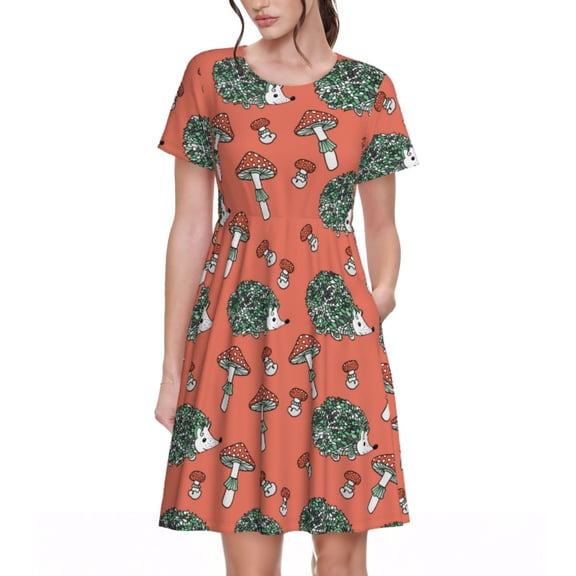 Picia Hedgehog Mushroom Pattern Women's Short Sleeve Summer Dress Pleated Loose Swing Knee Length Short Sleeve Swing Dresses