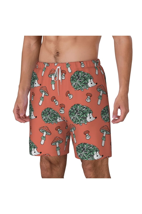 Hedgehog Mushroom pattern Mens Swim Trunks with Compression Liner Stretch Beach Shorts Quick Dry with Zipper Pockets No-Chafing Board Shorts-3X-Large