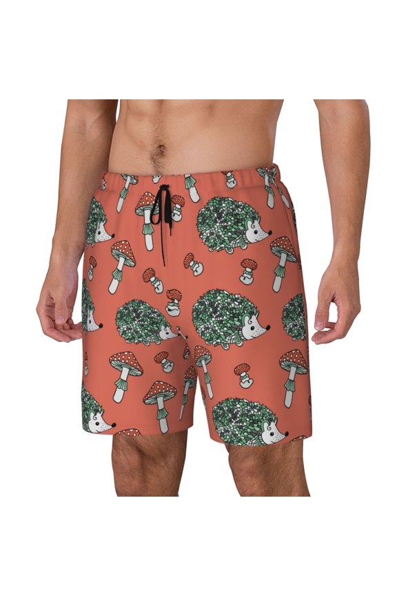 Hedgehog Mushroom pattern Mens Swim Trunks with Compression Liner Stretch Beach Shorts Quick Dry with Zipper Pockets No-Chafing Board Shorts-Large