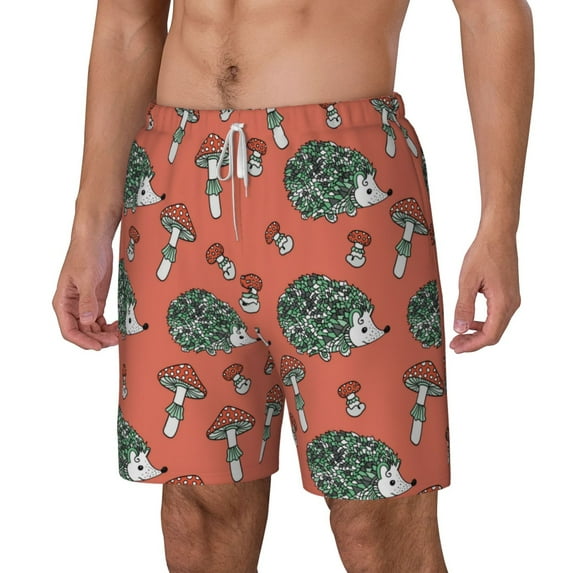 Picia Hedgehog Mushroom pattern Mens Swim Trunks with Compression Liner Stretch Beach Shorts Quick Dry with Zipper Pockets No-Chafing Board Shorts-Medium