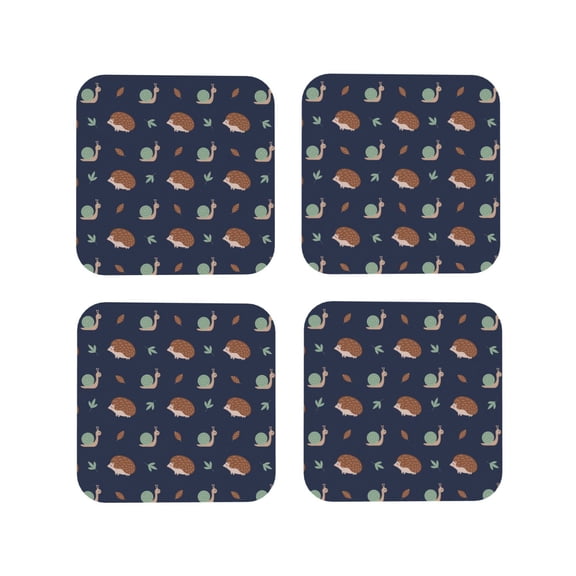 Picia Hedgehog And Snail Printed Leather Coasters for Drinks, 4" Drink Coasters Set of 4 for Tabletop Protection, Handmade Luxurious Home Décor and Housewarming Gift -Square