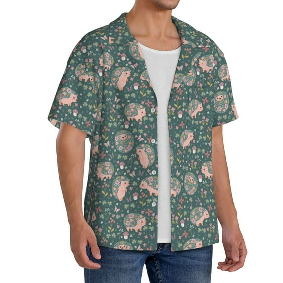 Picia Hedgehogs and Flowers Men's Linen Shirts Short Sleeve Cuban Beach Shirts Casual Shirts Button Down Shirt for Men Beach Summer Wedding Shirt-4X-Large