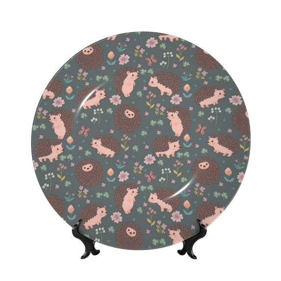 Picia Hedgehogs and Flowers1 Pattern Bone China Decorative Plate – Wall Decor with Stand and Adhesive, Elegant Ornament for Living Room, Office, or Entryway-6in