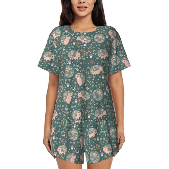 Picia Hedgehogs and Flowers Pajamas Sets for Women Soft Short-Sleeved Pjs with Lounge Shorts Two Piece Sleepwear-4X-Large