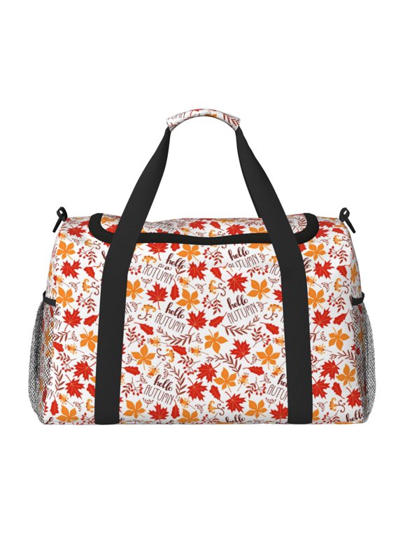 Hello Autumn Maple Leaf Print Travel Duffle Bag,Weekender Bags for Women with Shoe Compartment, Gym Duffel Bag with Wet Pocket, Hospital Bags for Labor and Delivery