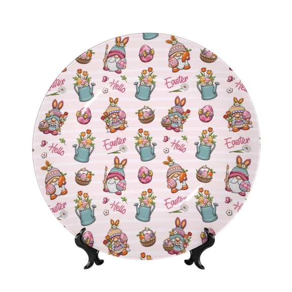 Picia Hello Easter Pattern Bone China Decorative Plate – Wall Decor with Stand and Adhesive, Elegant Ornament for Living Room, Office, or Entryway-7in