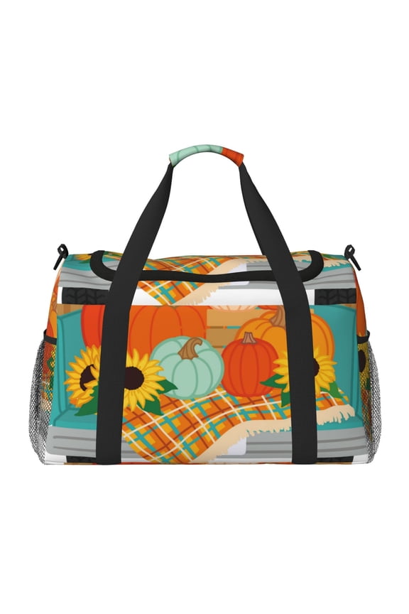 Hello Fall Farm Truck Print Travel Duffle Bag,Weekender Bags for Women with Shoe Compartment, Gym Duffel Bag with Wet Pocket, Hospital Bags for Labor and Delivery