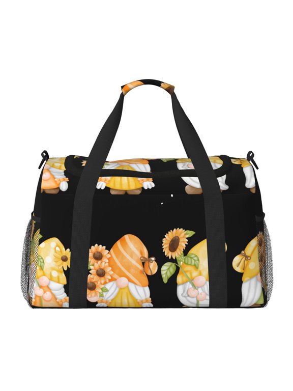 Hello Spring Sunflower Gnomes Print Travel Duffle Bag,Weekender Bags for Women with Shoe Compartment, Gym Duffel Bag with Wet Pocket, Hospital Bags for Labor and Delivery