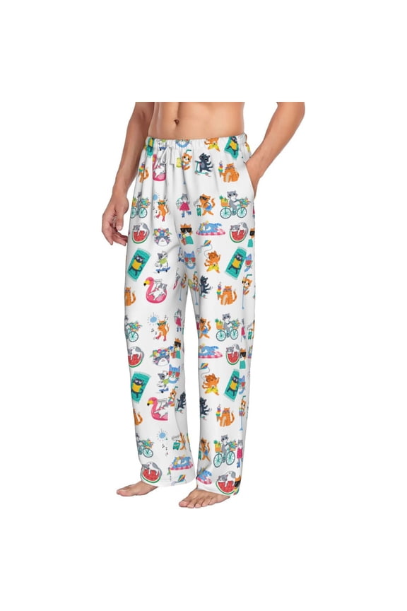 Hello Summer Cat Mens Soft Woven Cotton Elastic Waistband Sleep Pajama Pant Lounge Sleep Pant With Pockets And Drawstring-Medium