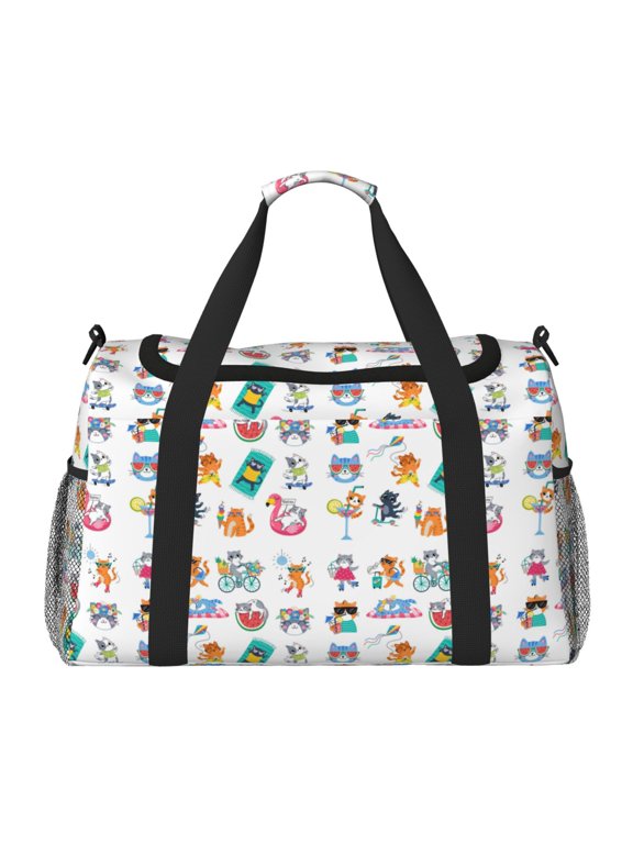 Hello Summer Cat Print Travel Duffle Bag,Weekender Bags for Women with Shoe Compartment, Gym Duffel Bag with Wet Pocket, Hospital Bags for Labor and Delivery