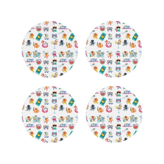 Picia Hello Summer Cat Printed Leather Coasters for Drinks, 4" Drink Coasters Set of 4 for Tabletop Protection, Handmade Luxurious Home Décor and Housewarming Gift -Round Shape