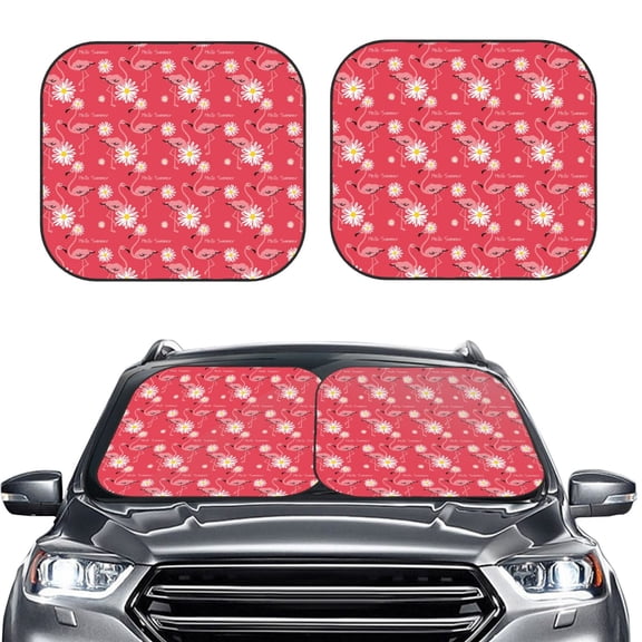 Picia Hello Summer Flamingo 2 Piece Car Windshield Sun Shade Foldable | Foldable Sun Shield for Front Window Blocks UV Rays and Keeps Your Vehicle Cool-Medium