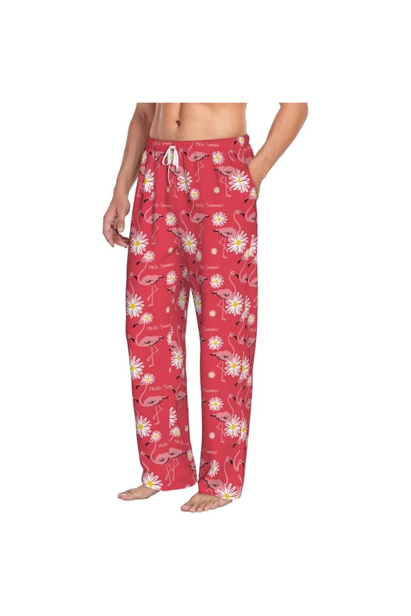 Hello Summer Flamingo Mens Soft Woven Cotton Elastic Waistband Sleep Pajama Pant Lounge Sleep Pant With Pockets And Drawstring-XX-Large