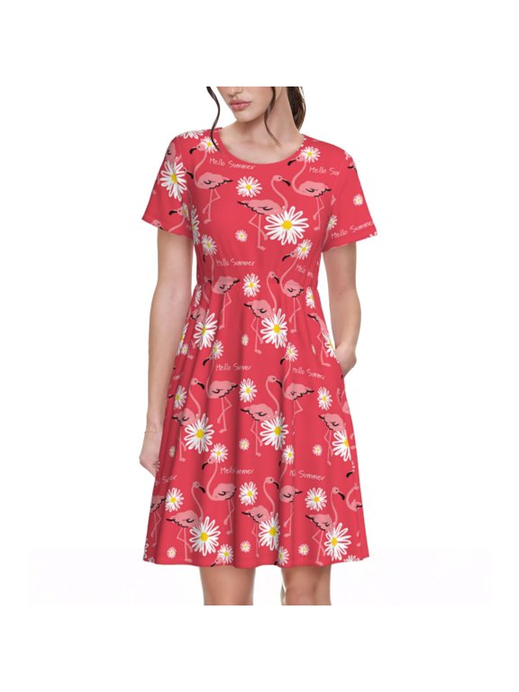 Hello Summer Flamingo Pattern Women's Short Sleeve Summer Dress Pleated Loose Swing Knee Length Short Sleeve Swing Dresses