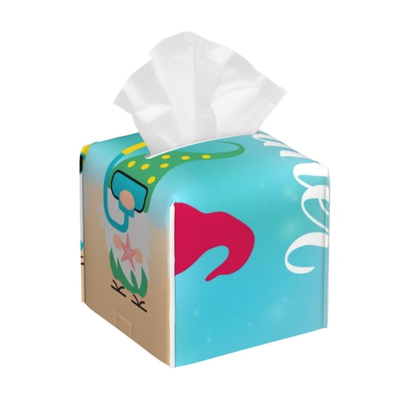 Picia Hello Summer Gnome 1 Pattern Tissue Box Cover,PVC Leather Square Holder,Tissue Box Holder with Magnetic Bottom,Facial Paper Organizer Dispenser-5.2"X5.2"X5.2"