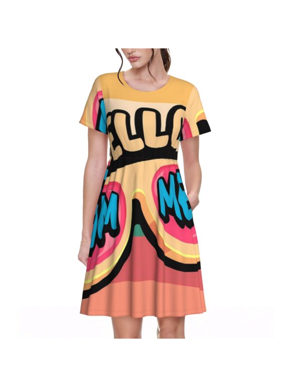 Hello Summer Pattern Women's Short Sleeve Summer Dress Pleated Loose Swing Knee Length Short Sleeve Swing Dresses