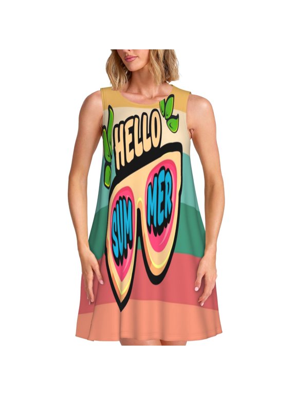Hello Summer Print Women’s Sleeveless Midi Swing Dress – A-Line Pleated Tank Sundress, Comfortable and Flowy T-Shirt Dress