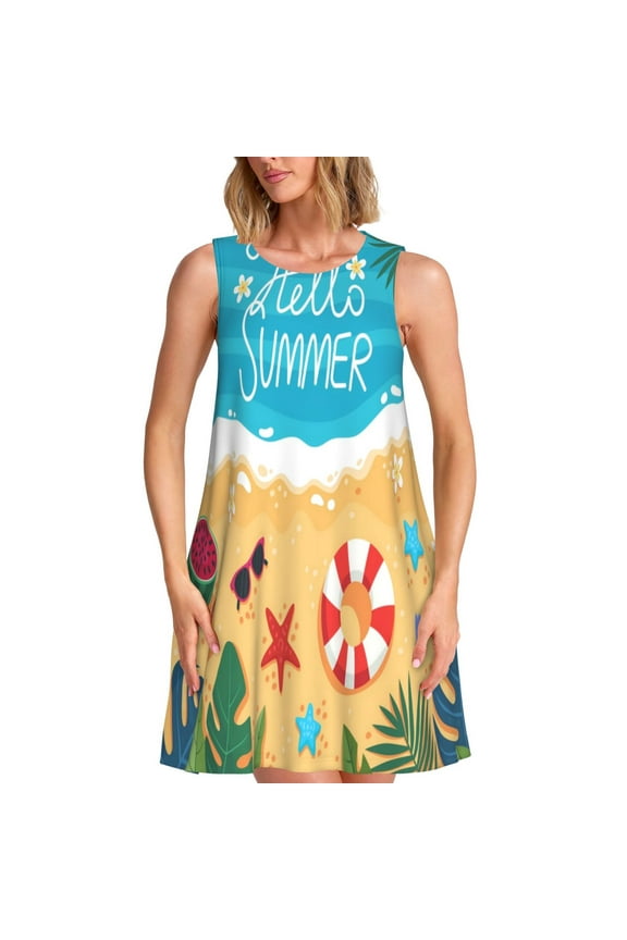 Hello Summer1 Print Women’s Sleeveless Midi Swing Dress – A-Line Pleated Tank Sundress, Comfortable and Flowy T-Shirt Dress