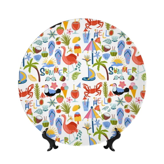Picia Hello Summer2 Pattern Bone China Decorative Plate – Wall Decor with Stand and Adhesive, Elegant Ornament for Living Room, Office, or Entryway-8in