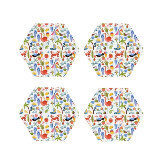 Picia Hello Summer2 Printed Leather Coasters for Drinks, 4" Drink Coasters Set of 4 for Tabletop Protection, Handmade Luxurious Home Décor and Housewarming Gift -Hexagon