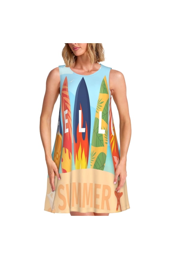 Hello Summer3 Print Women’s Sleeveless Midi Swing Dress – A-Line Pleated Tank Sundress, Comfortable and Flowy T-Shirt Dress