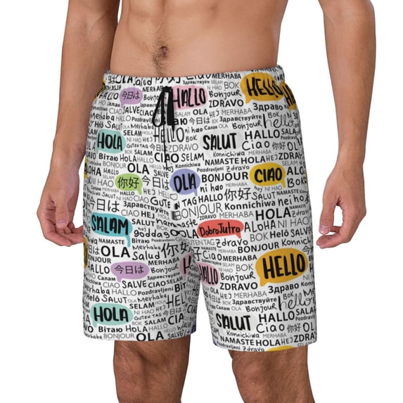 Picia Hello pattern Mens Swim Trunks with Compression Liner Stretch Beach Shorts Quick Dry with Zipper Pockets No-Chafing Board Shorts-Large