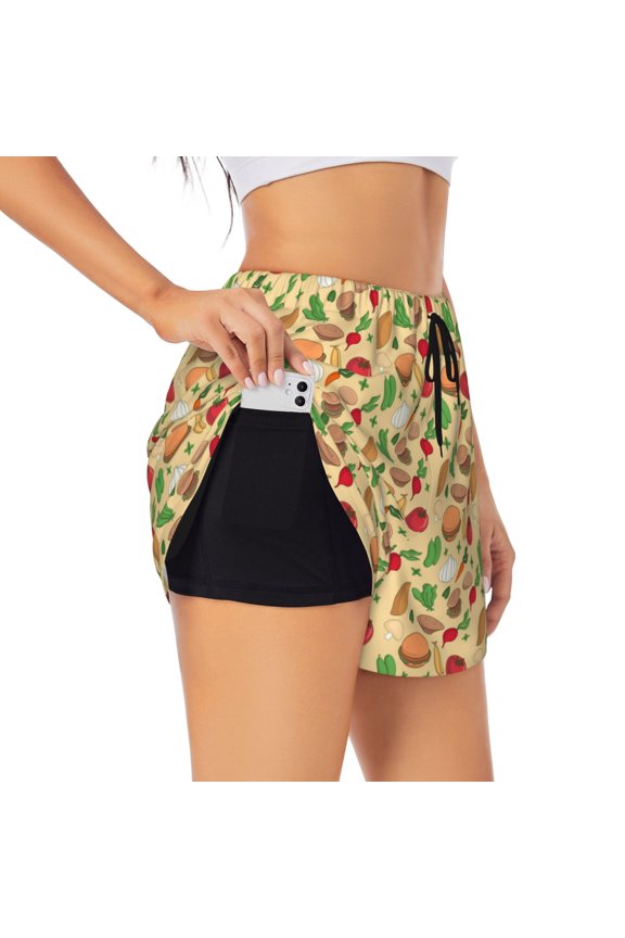 Herb Of Burger Pattern Women's 2 in 1 Athletic Running Shorts High Waisted Workout Casual Gym Sweat Shorts with Comfy Liner Zipper Pockets-X-Large