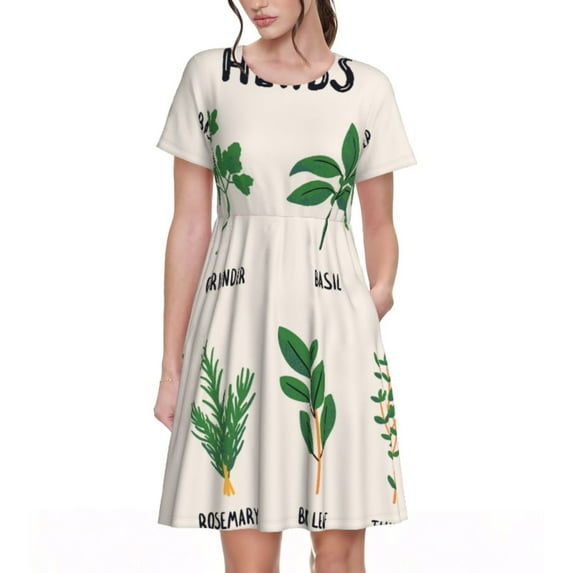Picia Herbs Pattern Women's Short Sleeve Summer Dress Pleated Loose Swing Knee Length Short Sleeve Swing Dresses