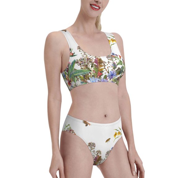 Picia Herbs and Wildflowers Women's High Waisted Bikini Scoop Neck Swimsuit Two Pieces Bathing Suit-Medium