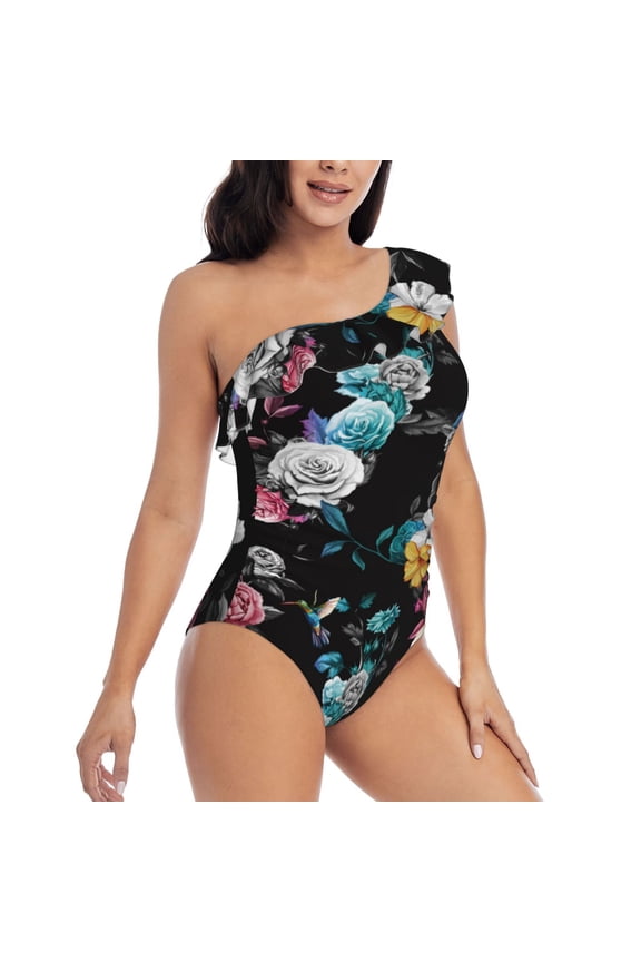 Hibiscus Rose Pattern Women's One Piece Swimsuits,One Shoulder Swimwear Asymmetric ,Ruffle Monokinis Bathing Suits,High Waisted Flattering Bathing Suits-