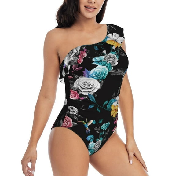 Picia Hibiscus Rose Pattern Women's One Piece Swimsuits,One Shoulder Swimwear Asymmetric ,Ruffle Monokinis Bathing Suits,High Waisted Flattering Bathing Suits-Medium
