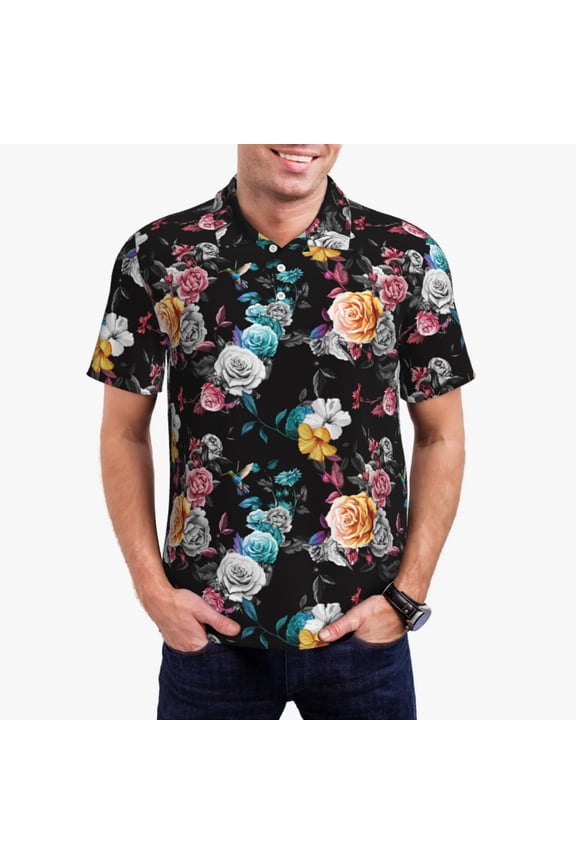 Hibiscus Rose Print Men's Polo Shirt, Two-Button Closure Pique Polo Shirt, Summer Fashion Golf Shirt-