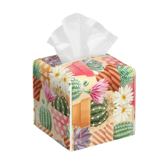 Picia High Detail Succulent Pattern Tissue Box Cover,PVC Leather Square Holder,Tissue Box Holder with Magnetic Bottom,Facial Paper Organizer Dispenser-5.2"X5.2"X5.2"