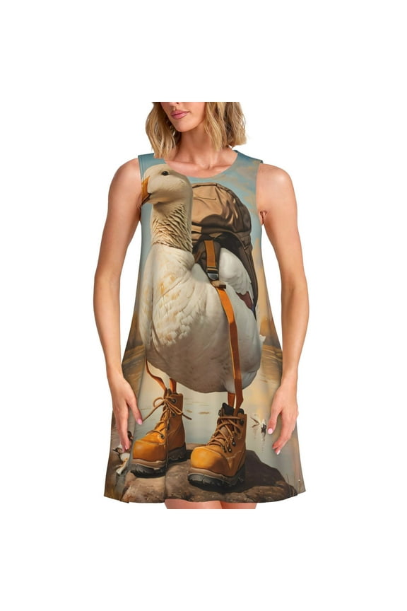 Hiking Duck Print Women’s Sleeveless Midi Swing Dress – A-Line Pleated Tank Sundress, Comfortable and Flowy T-Shirt Dress