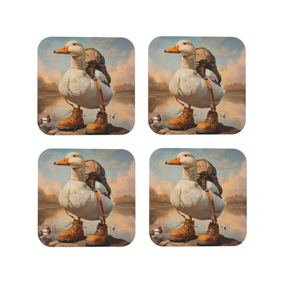 Picia Hiking Duck Printed Leather Coasters for Drinks, 4" Drink Coasters Set of 4 for Tabletop Protection, Handmade Luxurious Home Décor and Housewarming Gift -Square