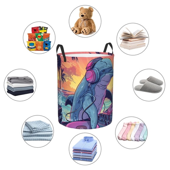 Picia Hip-Hop DJ Dolphin Large Laundry Basket, Waterproof, Freestanding Laundry Hamper, Collapsible Tall Clothes Hamper with Extended Handles-Small